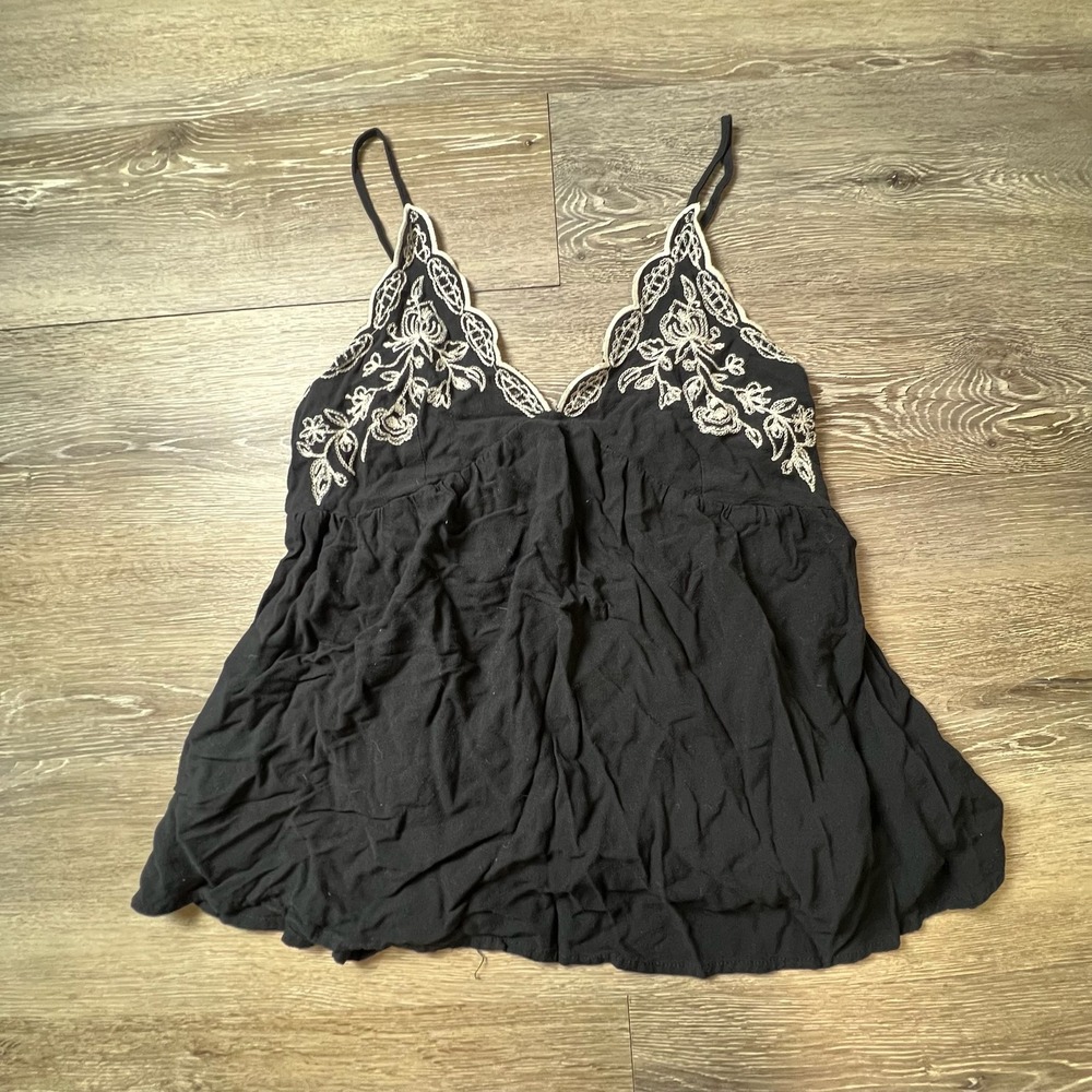 Y2k Embroidered Cami Top Womens Black Floral Scalloped Smocked Boho Summer